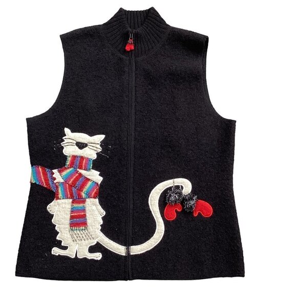 Coldwater Creek M Black Boiled Wool Winter Zip Vest Breezy Evenings Cat 35K - Picture 2 of 11